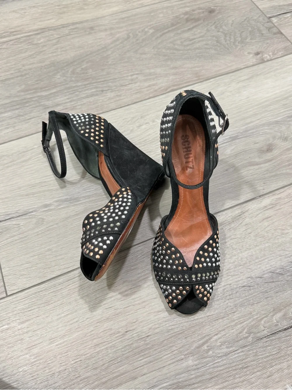 Women’s Schutz Black Suede Beaded Wedge Sandals Size 8 Retails: $215